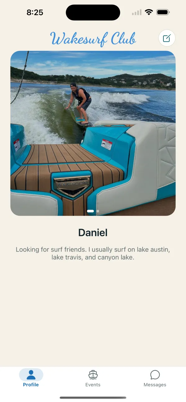 Rider profile with a wakesurfing photo and a short bio